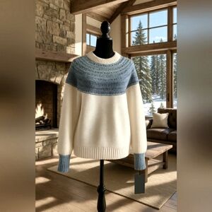 Scandi Girl Boho Fair Isle Blue Ombre Knit Crew Wool Soft Sweater New